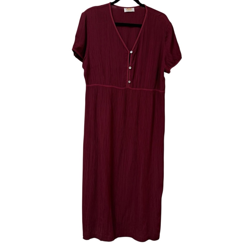 Talbots Petites crinkle midi dress red wine button front 14P cottagecore